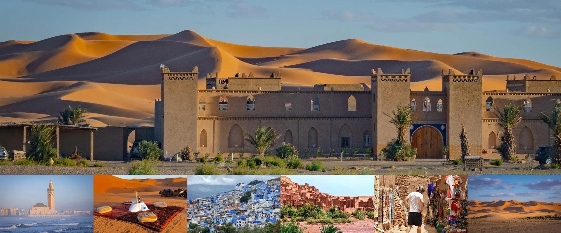 Travelers enjoying luxury tours of Morocco 4 days with a camel trek across the Sahara Desert at sunset.