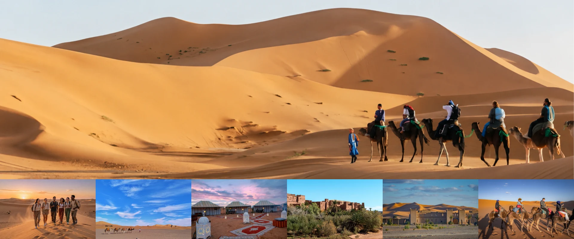 Camel trekking across the golden Erg Chebbi dunes during a 4-day Fes to Marrakech desert adventure