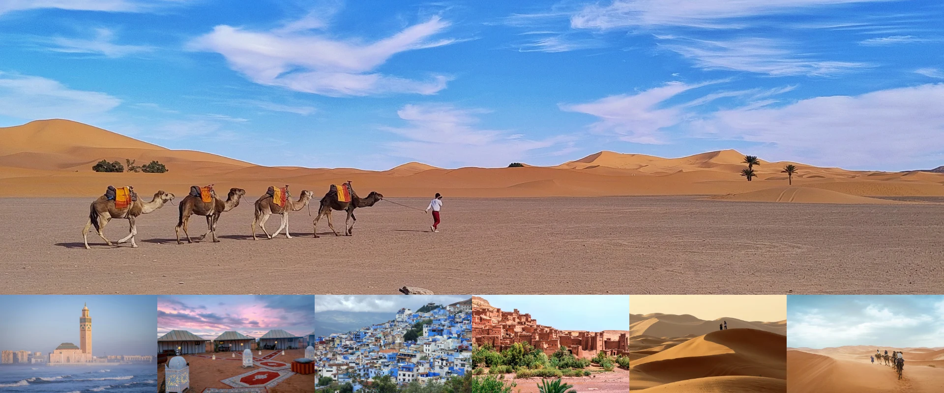 Travelers exploring the Sahara Desert during an 8 days Morocco tour from Casablanca, featuring camel trekking, golden dunes, and breathtaking desert landscapes.